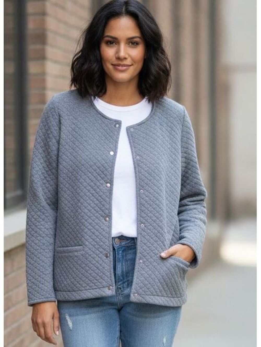 Northern Reflections Women's Grey Quilted Snap-Front Cardigan Jacket Size Small